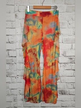 Mesh Tie Dye Ruffle Flare Pants Festival Y2K Rave Clubwear Medium